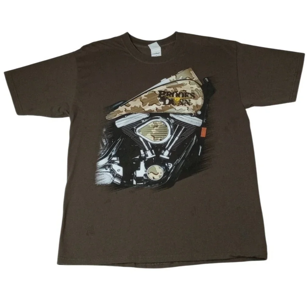 Gildan Mens‎ Large Brown Motorcycle Engine Graphic T Shirt Brooks and Dunn